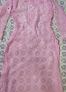 Pink Embroidered Mirror Work Kurti And Inner