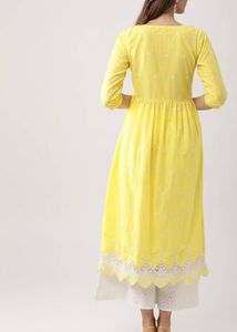 Yellow Embroidered Kurta with Lace Trim