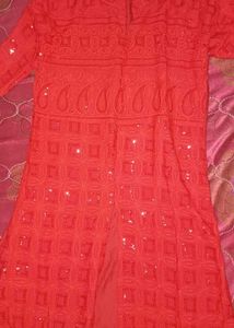 Red Sequence Work Front Open Kurta And Palazoo