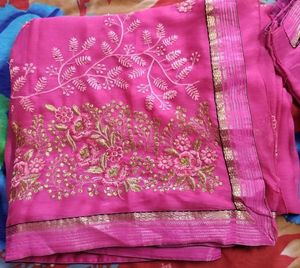 Pink Embroidered Saree With Blouse