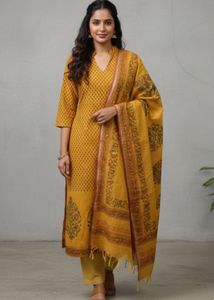 Elegant Mustard Yellow Cotton Suit Set with Dupatt
