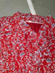 White And Red Floral Print Ruffle Dress Combo