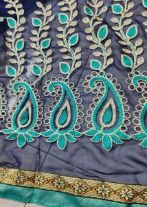Navy Blue Embroidered Net 2 Color Saree