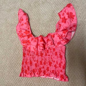 Pink Floral Ruffle Smocked Crop Top