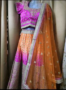 Elegant Silk Orange And Pink Lehanga