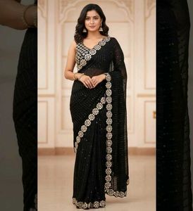 Elegant Black & Silver Original Mirror Saree