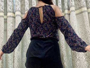 Floral Cold-Shoulder Top with Tie-Neck Detail