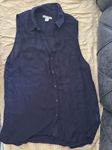 Navy Sleeveless Button-Down Top