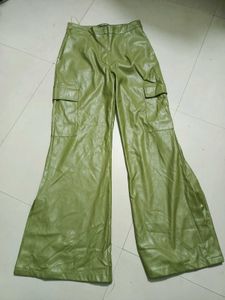 Green Faux Leather Cargo Pants