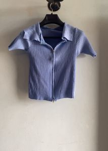 Ribbed Button-Up Crop Top in Sky Blue