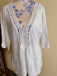 White Crochet Detail Top