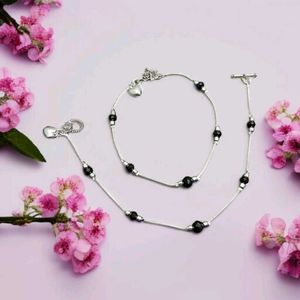 Silver Plated Anklet with Black Beads