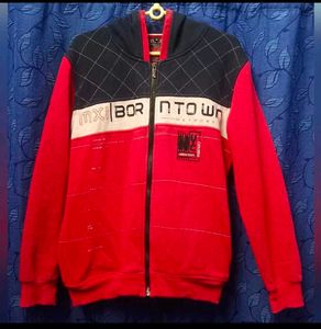 Red Colour Block Zipper Hoodie For Men Winter Wear