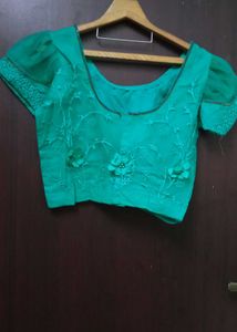 Elegant Green Floral Saree with stitched blouse