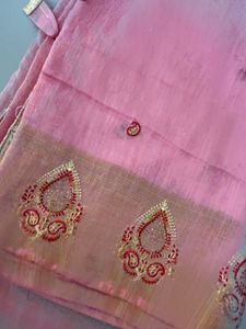 Pink Linen Saree with Embroidered Border