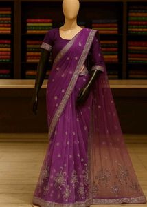 Purple Net Embroidered Saree