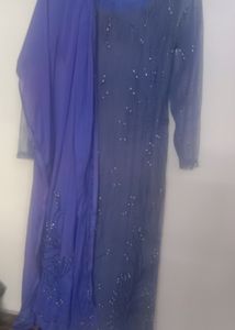 Blue Handwork Net Gown with crush lining, Duppatta