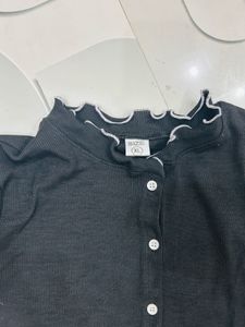 Black Ruffle Trim Button-Up Top