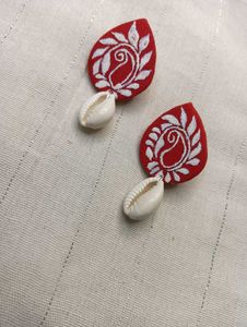 Red Paisley Earrings with Seashell Charm