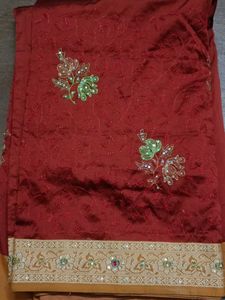 Embroidered Maroon Sari with Gold Border