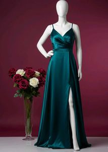 Elegant Teal Satin Gown with Slit