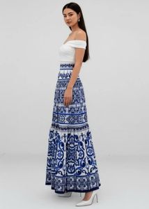 Blue &amp; White Pattern Maxi Skirt