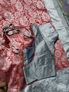 New Saree Red Nd Silver With Readymade Blouse
