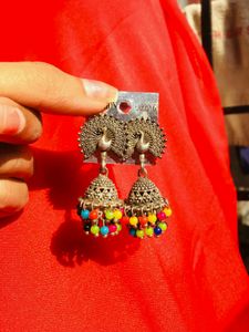 Oxides Peacock Jhumka With Colourful Beads