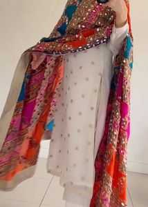 White Chinon Suit With Multicolor Dupatta