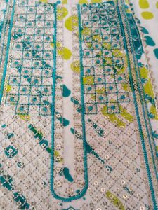 Stitched Green White Colour Pure Cotton Suit Set