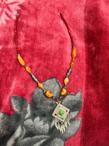 Boho Amber &amp; Silver Pendant Necklace
