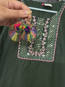 Green Embroidered Kurti with matching ear