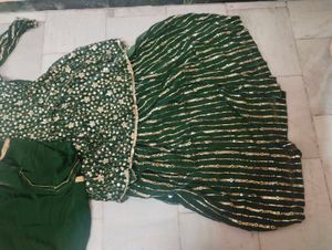 Green &amp; Gold Embellished Sharara Suit