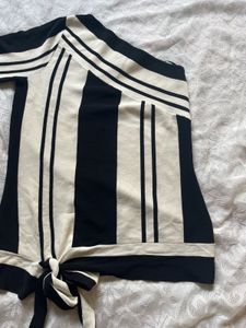 Black &amp; White Striped One-Shoulder Tie Top
