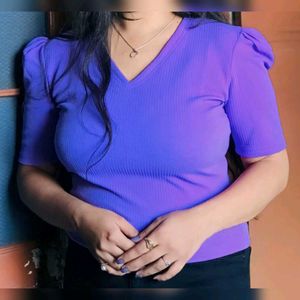 Purple Puff Sleeve Ribbed Knit Top