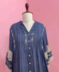 Boho Indigo Lace- Trimmed Flare dress