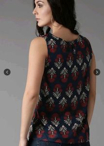 Navy Blue Printed Sleeveless Top