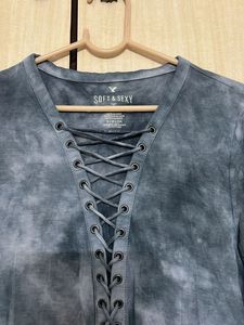Grey-Blue Tie Dye Criss Cross Neck Top