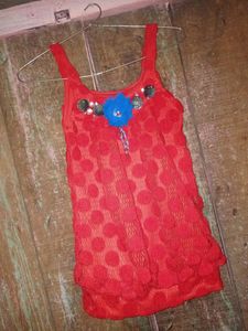 Cherry Red Color Full Sleeve Less Net Top