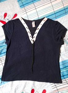 Women's Lace Tie Up V Neck Crop Top Casual Tshirt