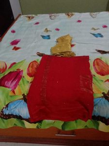 Red Saree With Ready-made Golden Blouse