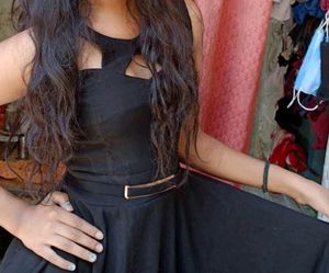 Womens Flared Black Dress / Midi / One Piece