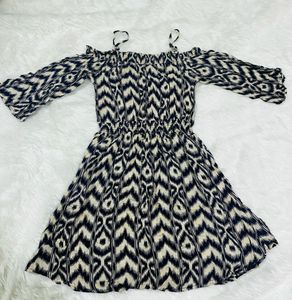 DressBerry Women Navy &amp; Beige Printed A-Line Off-s