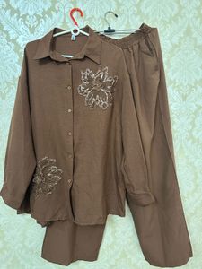 Brown Floral Embellished Two-Piece Set