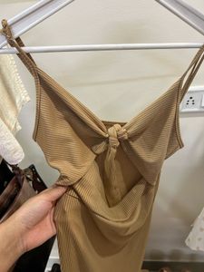 Tan Midi Dress with Tie Detail
