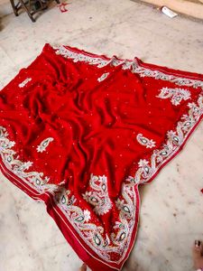 moti work heavy red ♥️ saree with blouse 😍