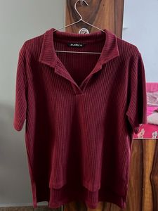 Maroon Ribbed Polo Top