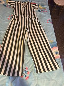 White And Dark Green Stripes Jumspsuit