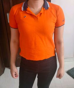Women Orange Cotton Casual Polo Tshirt
