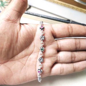 Pure Silver Antique Oxidised Pink&amp;Green CZ Bracele